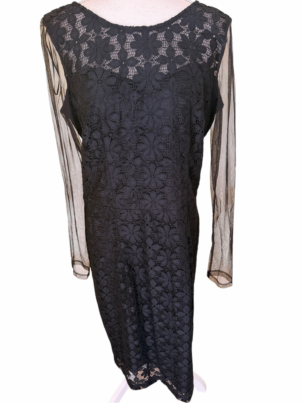 Long Tall Sally Black Lace Sheath Dress with Sheer Long Sleeves 14